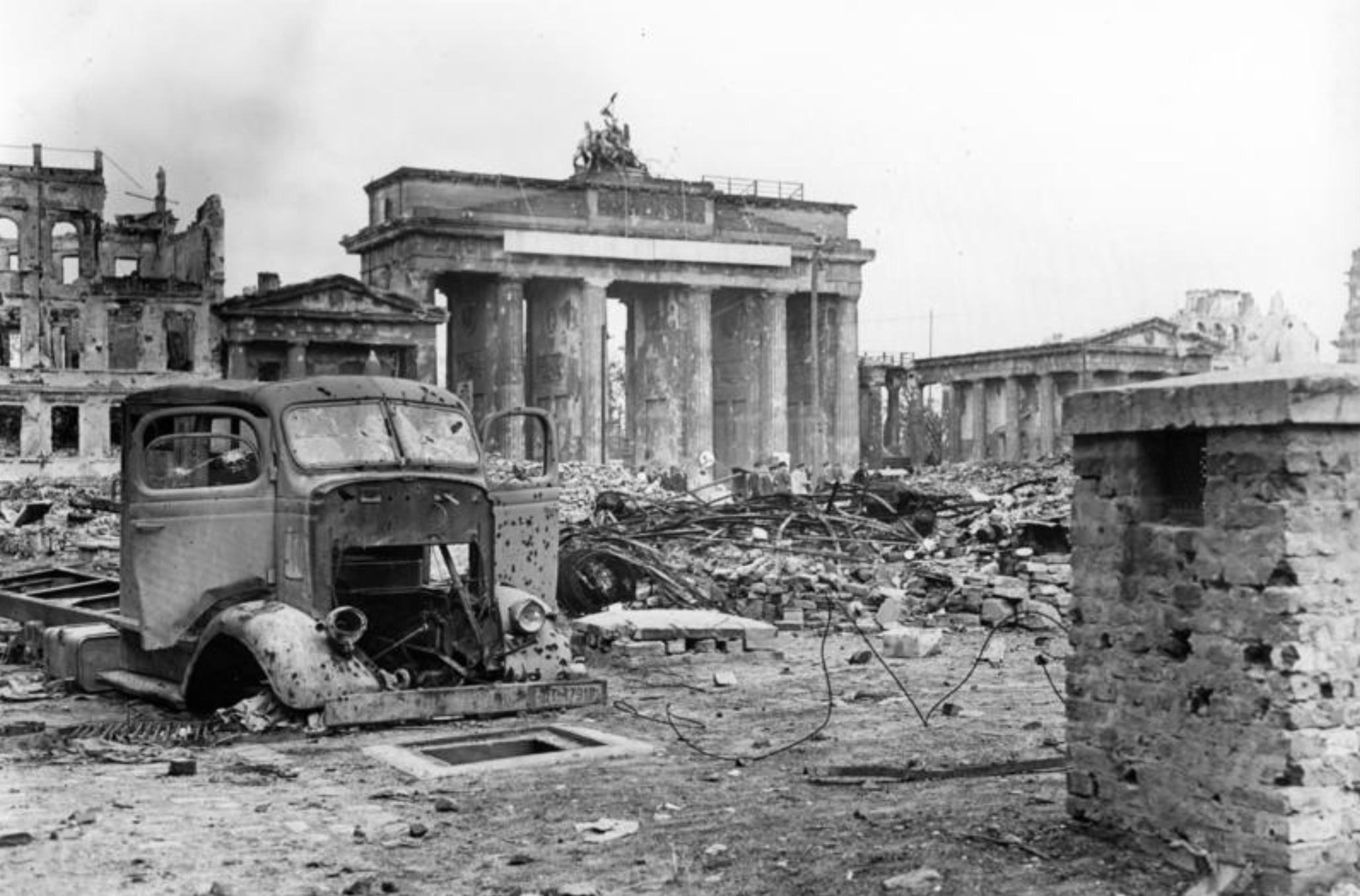 The Brandenburg Gate amid the ruins of Berlin. 